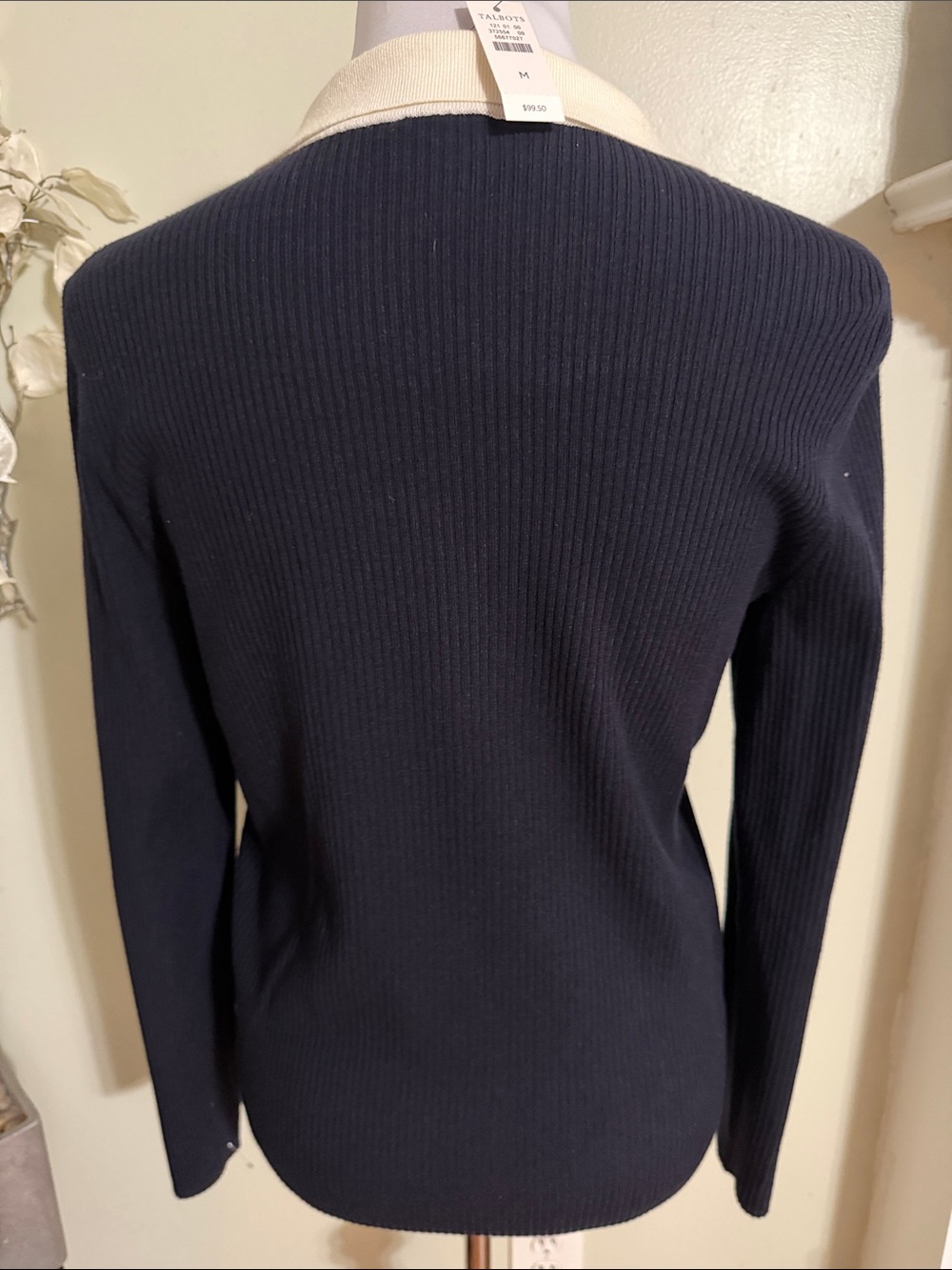 Talbots Navy Ribbed Button Cardigan Cream Trim - Picture 5 of 6
